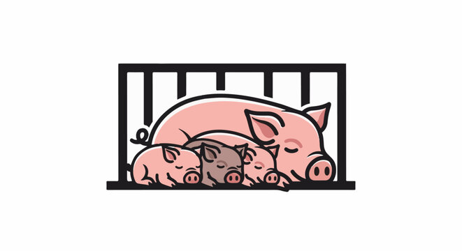 A mama pig and her piglets are sleeping peacefully in a pen