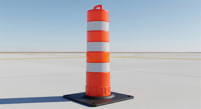 Orange traffic bollard on asphalt road, reflective safety pylon for road construction, industrial plastic delineator post for highway maintenance