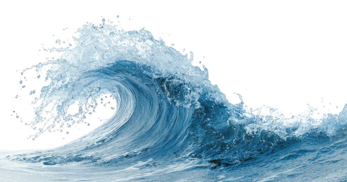Powerful ocean wave PNG isolated on transparent background, turquoise water curl with foam for surfing and marine themed designs