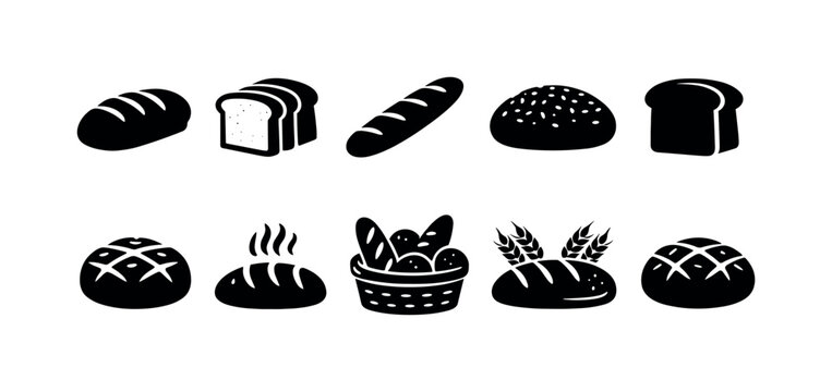 Collection of diverse bread icons representing various baked goods and bakery items