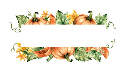 Watercolor pumpkin rectangular horizontal frame with copy space. Botanical hand painted illustration with blossom, template, greeting card for Thanksgiving, seasonal decor. Autumn, fall banner © Yulia Kapura