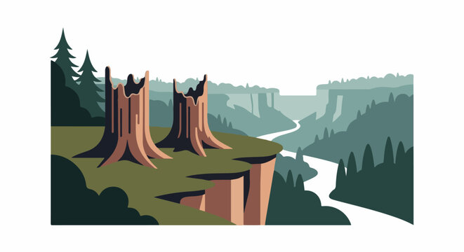 Desolate cliff edge with ancient tree stumps overlooking a winding river canyon