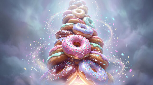 Magical doughnut tower with pastel glazes and colorful sprinkles, whimsical dessert stack surrounded by sparkling stardust and glowing light trails, ethereal fantasy food art.
