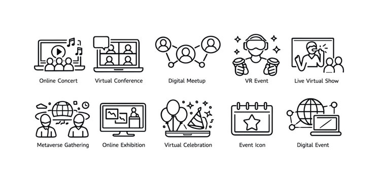 Collection of icons representing various online and digital events and gatherings