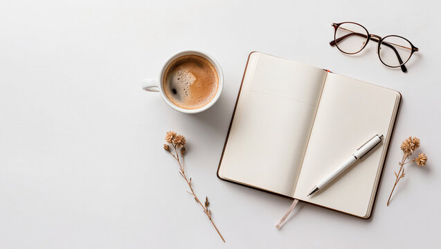Minimalist lifestyle flatlay with open blank notebook journal coffee cup pen reading glasses and dried flowers on white desk, premium editorial photography copyspace