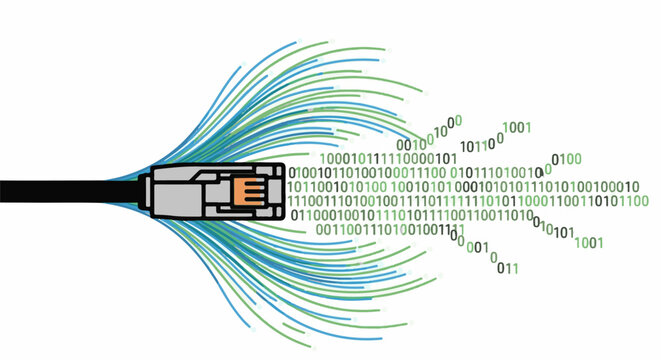 A network cable branches into colorful strands of binary code