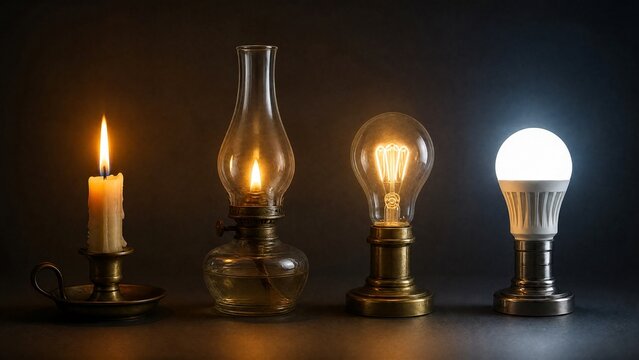 chronological. Evolution of light sources from candle flame to modern illumination in chronological sequence. symbolizing life milestones and joyful moments.