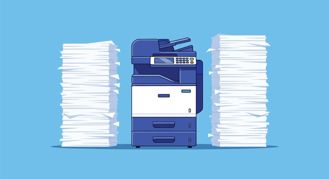 Office printer machine between two large stacks of white paper sheets illustrating document printing and office equipment for paperwork tasks concept.