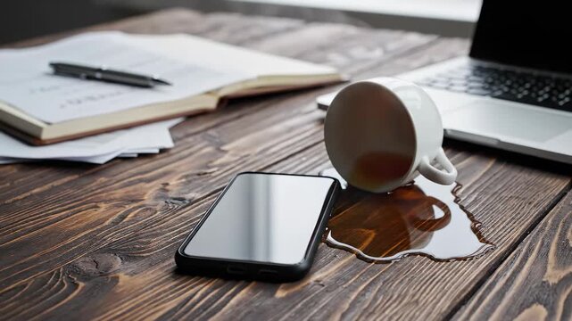 Coffee spills onto smartphone and wooden desk during busy workday. Desk cluttered with notebook, papers, and laptop. Concept of office, technology, accidents