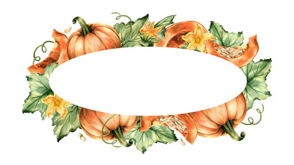 Watercolor pumpkin ellipse horizontal frame with copy space. Botanical illustration with leaves, blossom. Hand drawn template, greeting card for Thanksgiving, seasonal packaging. Autumn, fall banner © Yulia Kapura
