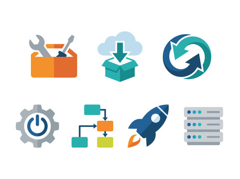 This image showcases an array of technology-themed icons including tools, cloud services, and server databases representing modern digital solutions and infrastructures.