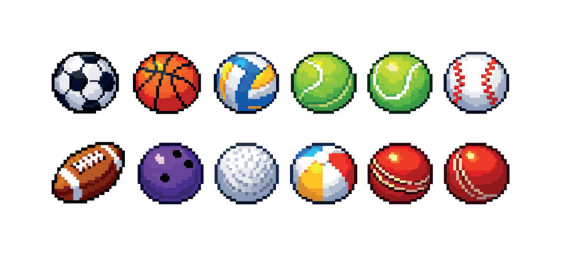 Collection of pixel art sports balls on a white background