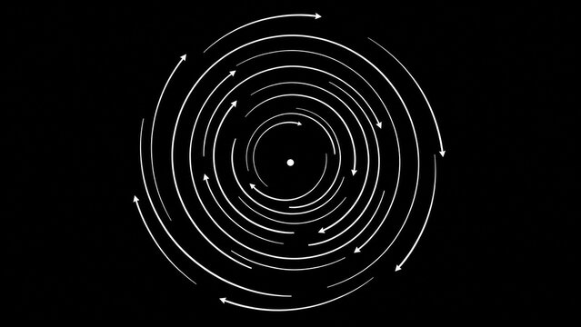 disequilibrium. White arc patterns showing rotational motion trajectory on minimalist background. STEM education sheets, lab safety posters, designed for biotech research communications.