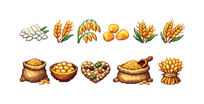 Pixel art collection of various grains and cereals in different forms