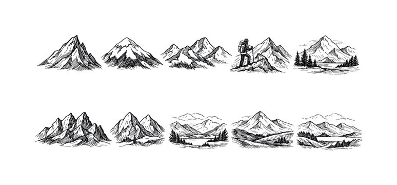 Collection of hand-drawn mountain landscapes and peaks in a sketch style