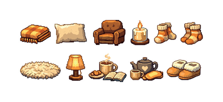 Cozy pixel art collection of home comfort items for a hygge lifestyle