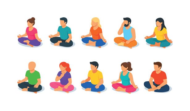 Diverse group of people meditating in lotus pose, promoting wellness and mindfulness