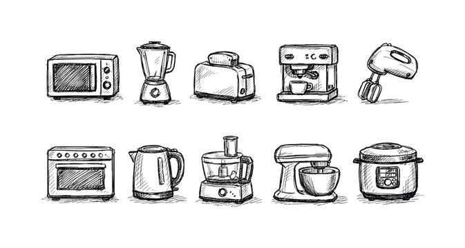 Collection of hand-drawn kitchen appliances in a sketch style