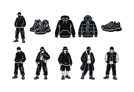Collection of stylized black and white illustrations of streetwear fashion and outfits