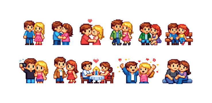 Pixel art couples in various romantic poses and activities, celebrating love and relationships