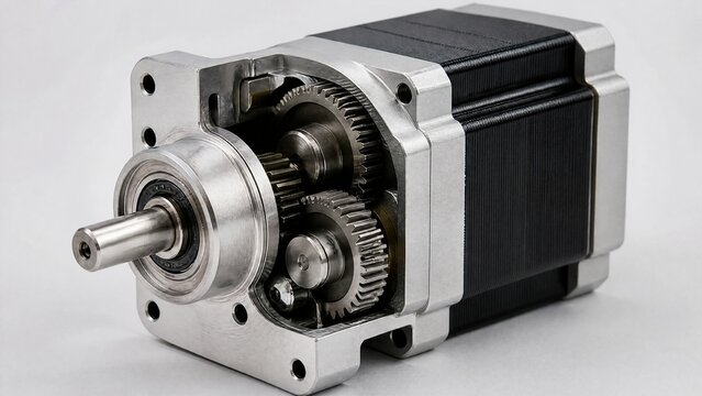 conductance. Industrial stepper motor with metallic housing and gear mechanism. product launch decks, UI/UX mockups, designed for data visualization dashboards and holographic UIs.