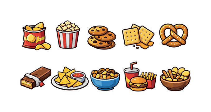 Collection of popular snack icons including chips, popcorn, cookies, and more