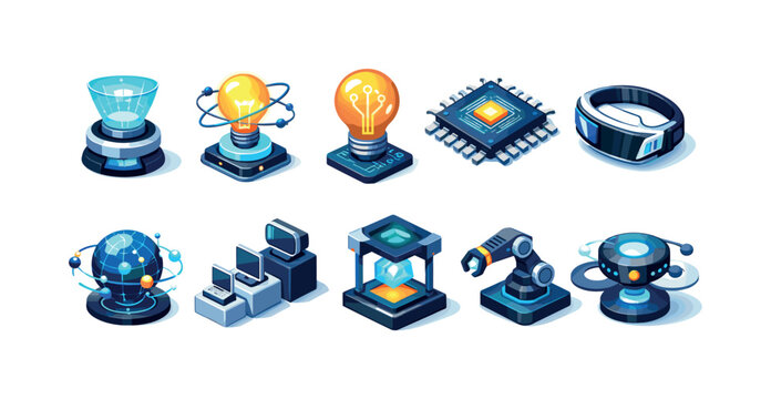 Collection of futuristic technology icons representing innovation and digital advancements