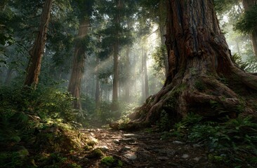Obraz premium Misty forest with massive tree trunk and sprawling roots illuminated by soft sunlight