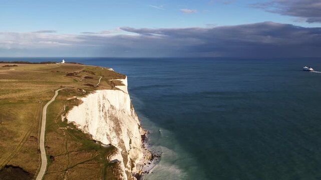 Drone flying along the white cliffs of dover and english channel