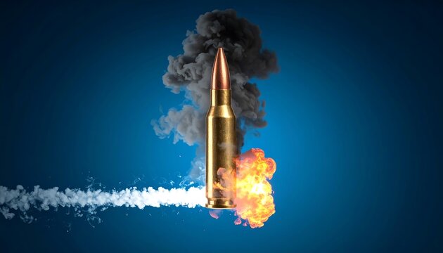 Golden Rifle Bullet Surrounded by Smoke and Flame on Blue Background