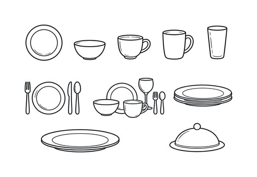 Collection of simple line art illustrations of various tableware and drinkware items