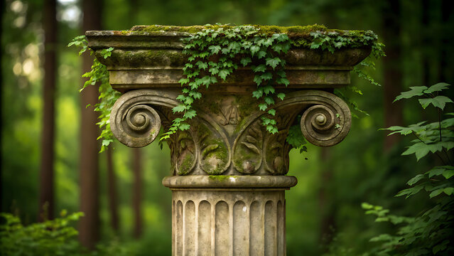 Weathered stone column overgrown with green moss in forest setting