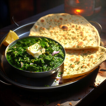 Delicious traditional saag paneer curry served in a bowl with fresh naan bread and lemon