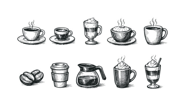 Collection of hand-drawn coffee drinks and accessories in sketch style