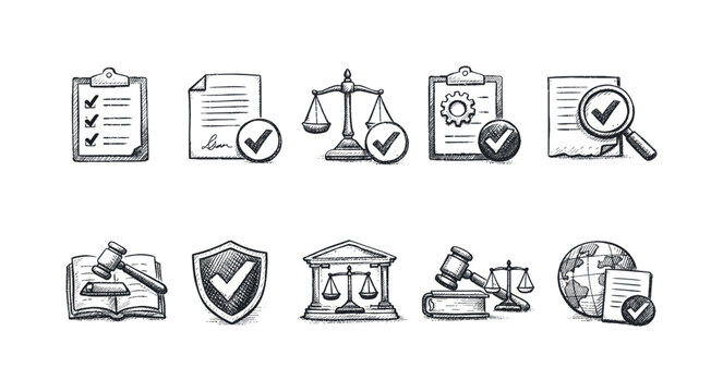 Collection of hand-drawn legal and justice icons with checkmarks and scales