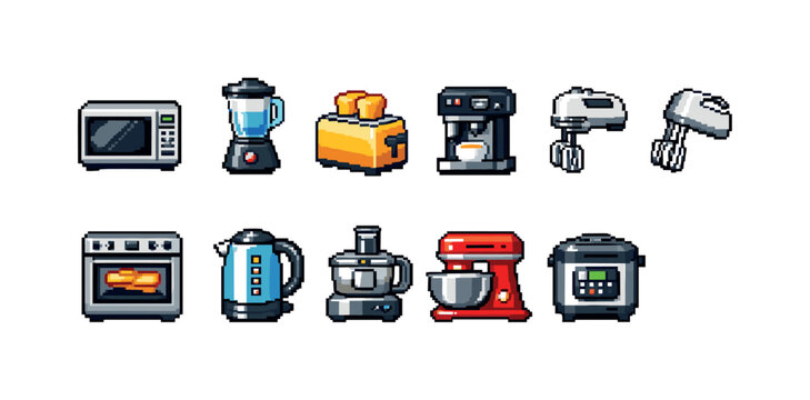 Pixel art collection of kitchen appliances for cooking and baking needs