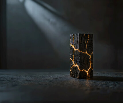 Shou Sugi Ban charred wood block with glowing amber light in cracks, kintsugi style