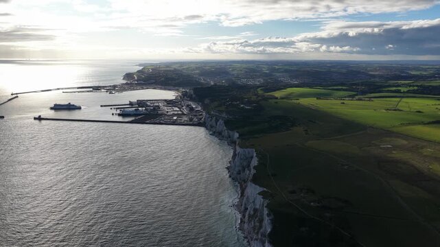 White cliffs of dover and port aerial view
