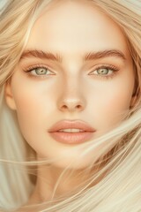Fototapeta premium Close-up portrait of young woman with blonde hair and green eyes, natural makeup and soft skin texture photo for beauty and skincare concept.