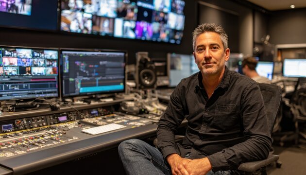 Audio engineer working in a sound studio with mixing equipment and monitors