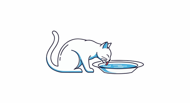 White cat drinks water from a blue bowl