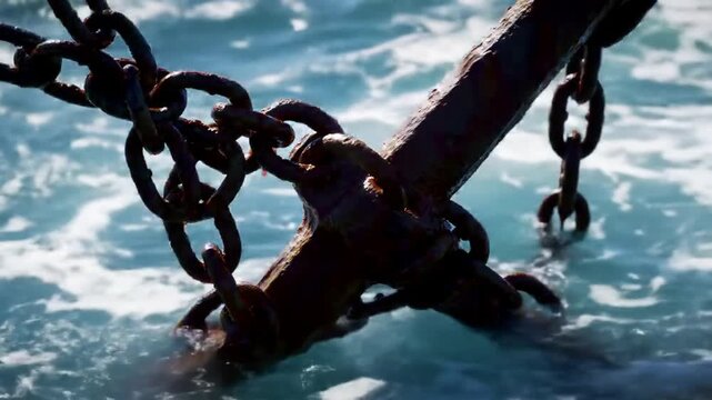 Rusty chain in ocean water.