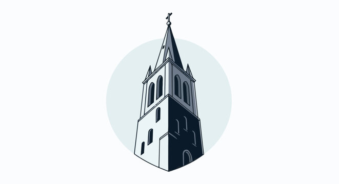 Stylized illustration of a tall, gothic bell tower with arched windows