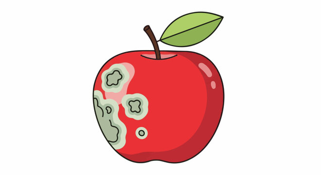 A red apple with green mold spots and a single green leaf
