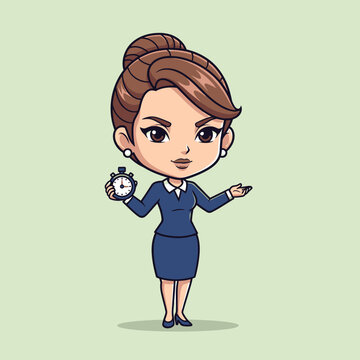 Cartoon Businesswoman Holding Stopwatch and Gesturing.