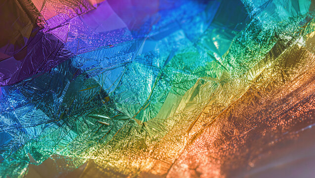 Premium abstract holographic rainbow foil texture macro background with iridescent crumpled metallic surface and prismatic color spectrum, editorial graphic design wallpaper with copy space