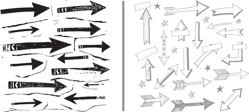Hand-drawn arrow collection vector set featuring various sketchy pointers and stars. Ideal for creative navigation and rustic design projects