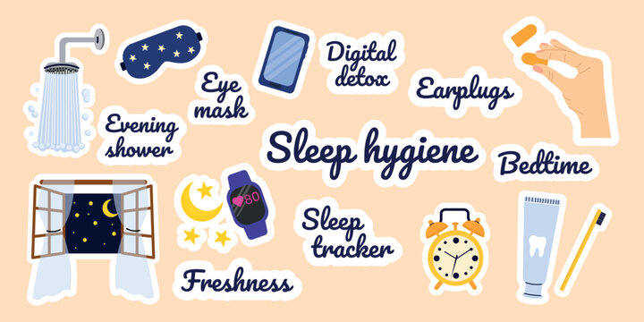 Collection of flat vector stickers pack with sleep hygiene and bedtime routine elements. Set includes alarm clock, sleep mask, earplugs, shower, toothbrush, toothpaste, and bedtime symbols.
