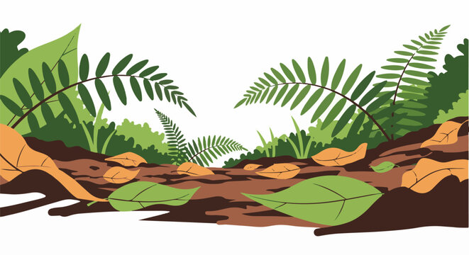 A forest floor with fallen leaves and lush green ferns under a white sky