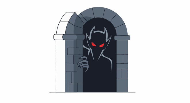 A menacing silhouette with glowing red eyes emerges from a dark archway